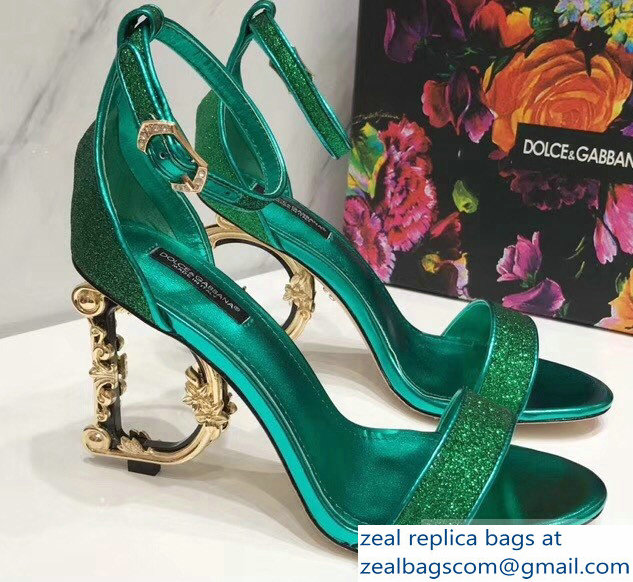 Dolce & Gabbana Baroque DG Heel 10.5cm Sandals Glitter Green 2019